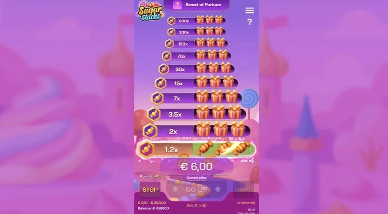 Sugar Stacks – печеливша стъпка с осветен текущ етаж и брояч на множителя